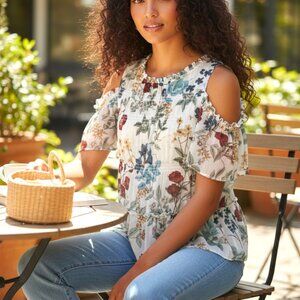 (G-209)Willow & Clay Women’s Floral Cold Shoulder Blouse Size S Boho Sheer Peplu